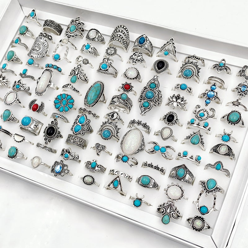50pcs Boho Style Ring Set, Trendy Inlaid Turquoise Mix