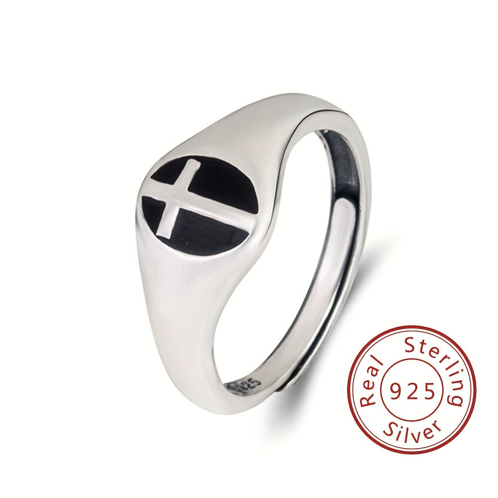 925 Sterling Silver Retro Cross Signet Ring, Adjustable