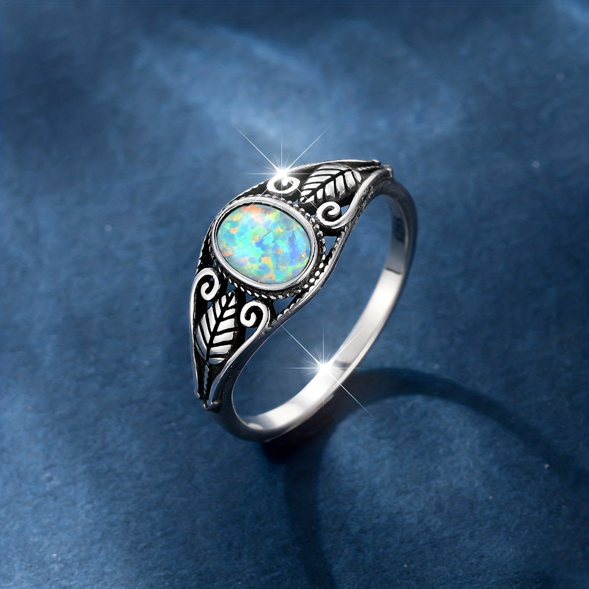 925 Sterling Silver Opal Carved Leaves Ring, Colorful Lights