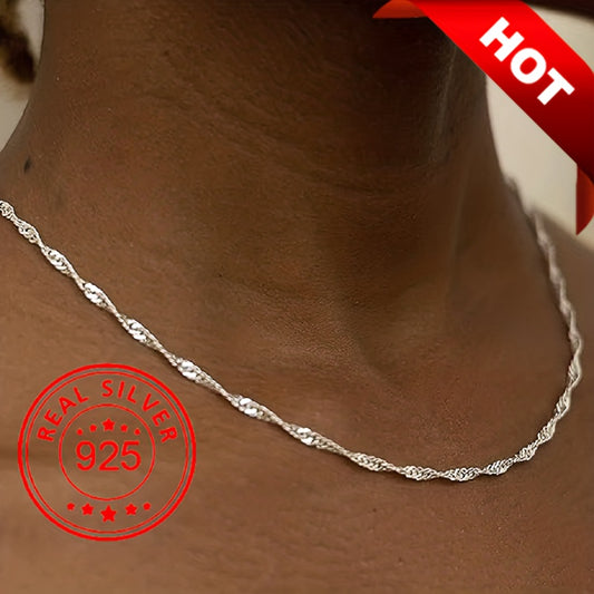 925 Sterling Silver Water Wave Chain Necklace, Classic Gift